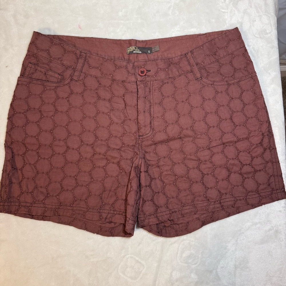 prAna Embroidered Eyelet Shorts Rust Brown Cotton Boho Outdoor Size 6